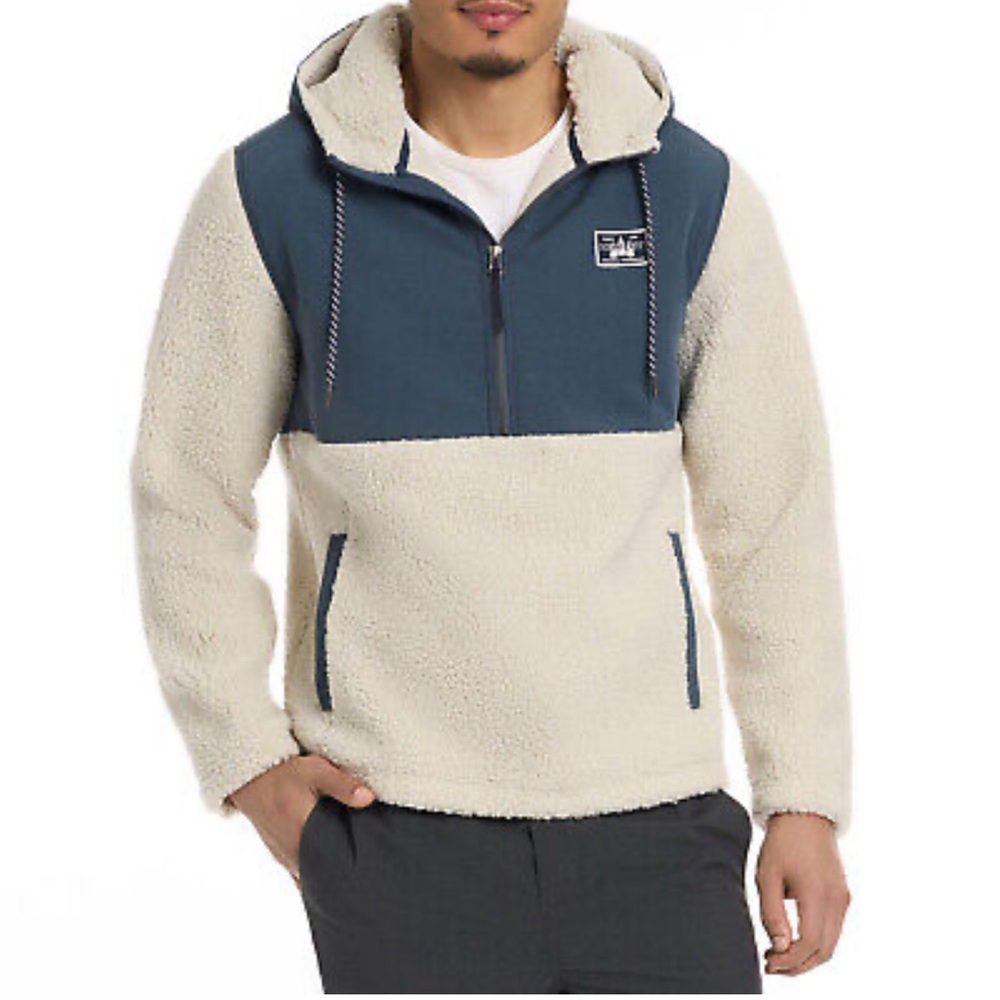 Hurley Half Zip Sherpa Anorak Hoodie Jacket Pullover, Bone/Navy, Size Small